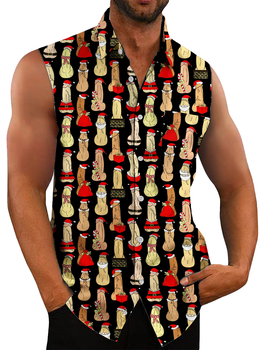 Men's Hawaiian Shirts Fun Cocks Print Sleeveless Dirty Christmas Shirts
