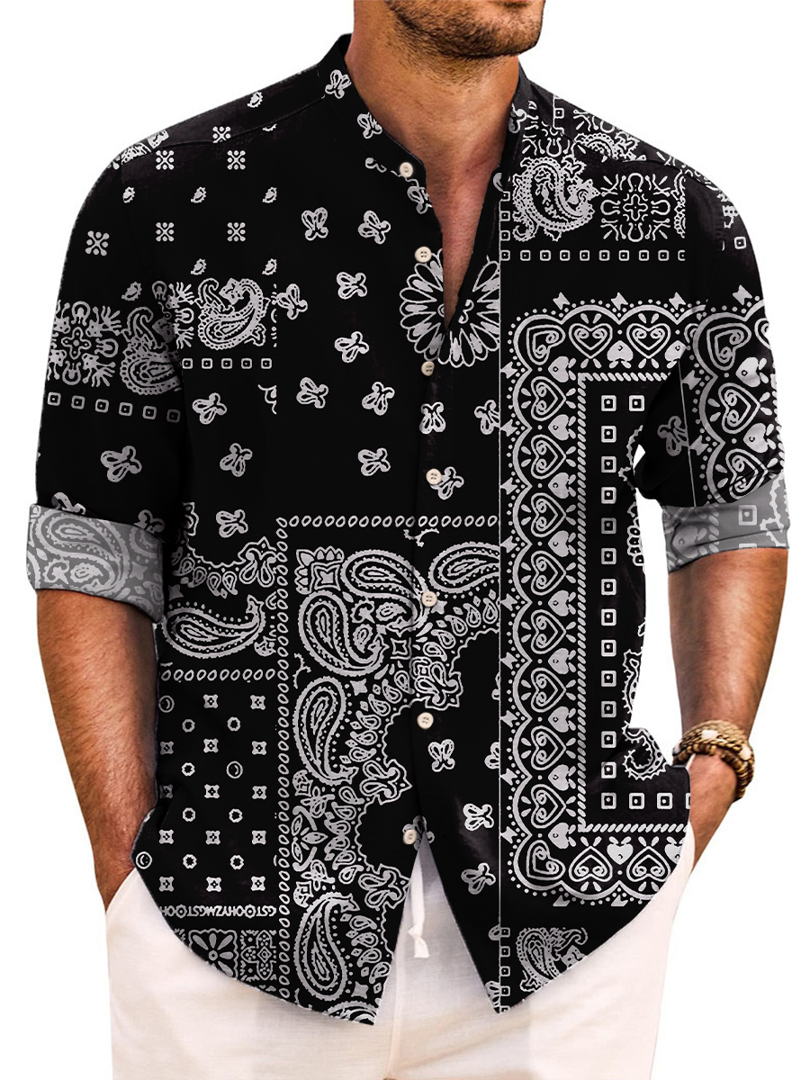 Retro Paisley Patchwork Print Long Sleeve Band Collar Hawaiian Shirt