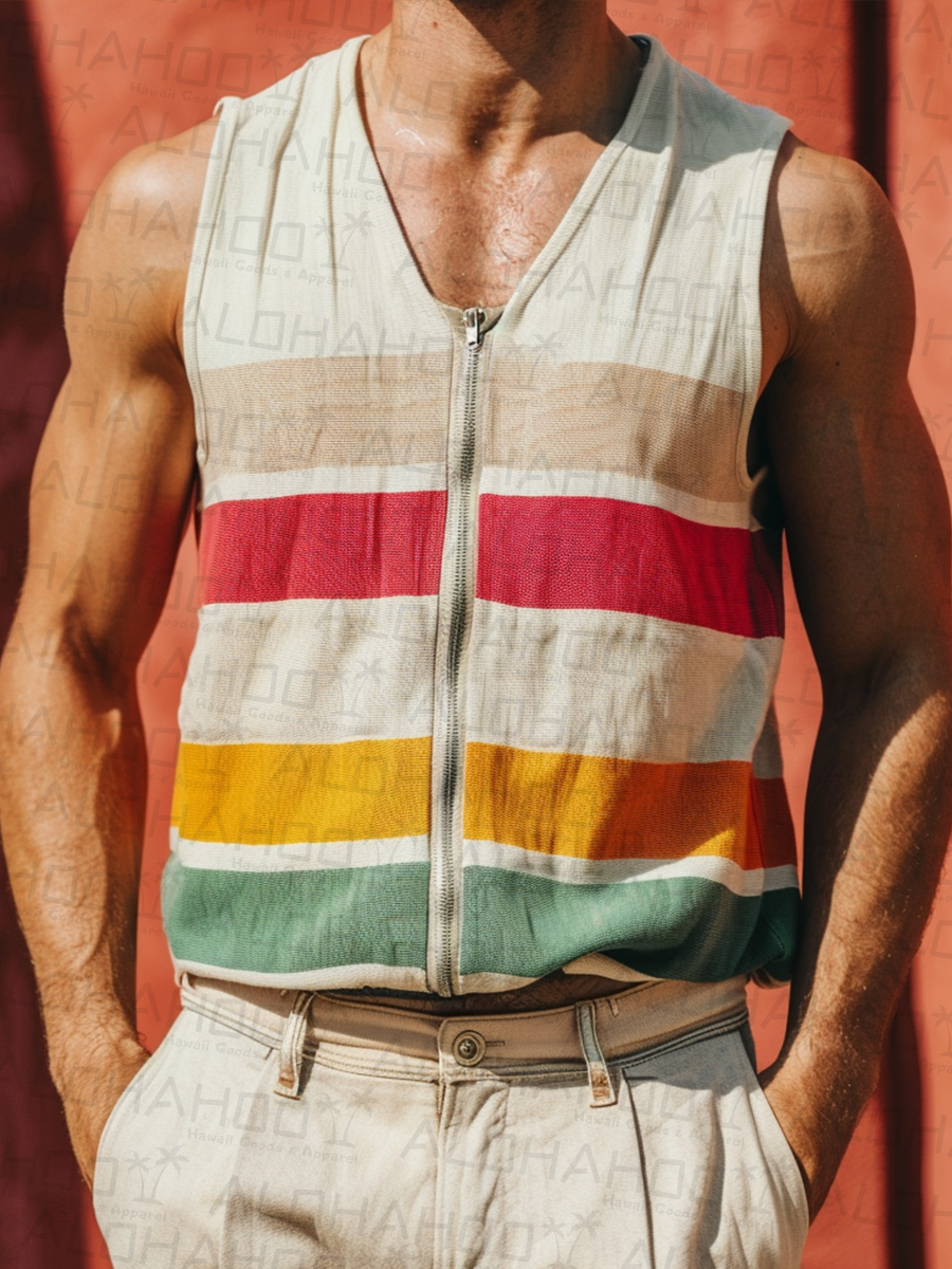 Men's Rainbow Stripes Zipper Crew Neck Tank Top