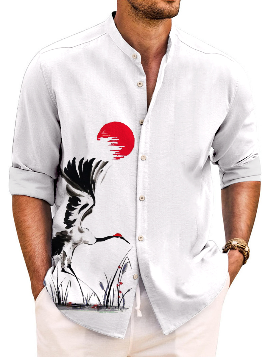 Japanese Style Crane Print Easy Care Aloha Long Sleeve Shirts