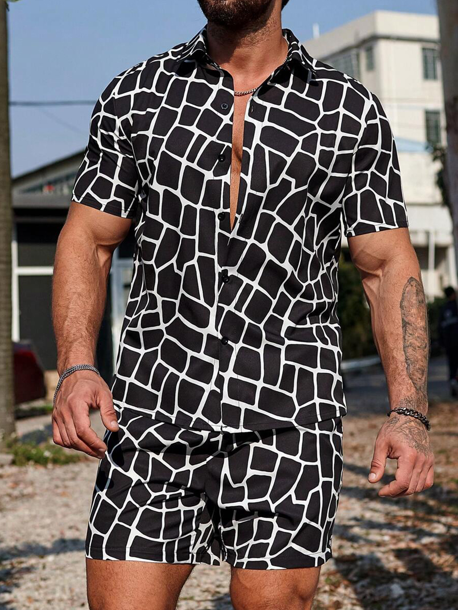 Men's Sets Geometry Button Down Two-Piece Shirt Shorts Set