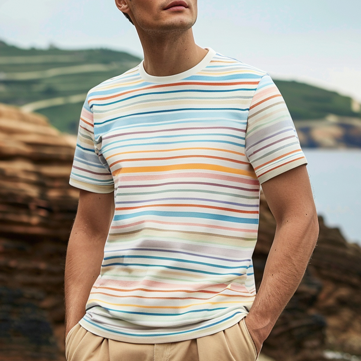 Men's Casual T-shirt Summer Stripes Print Short Sleeve T-Shirt