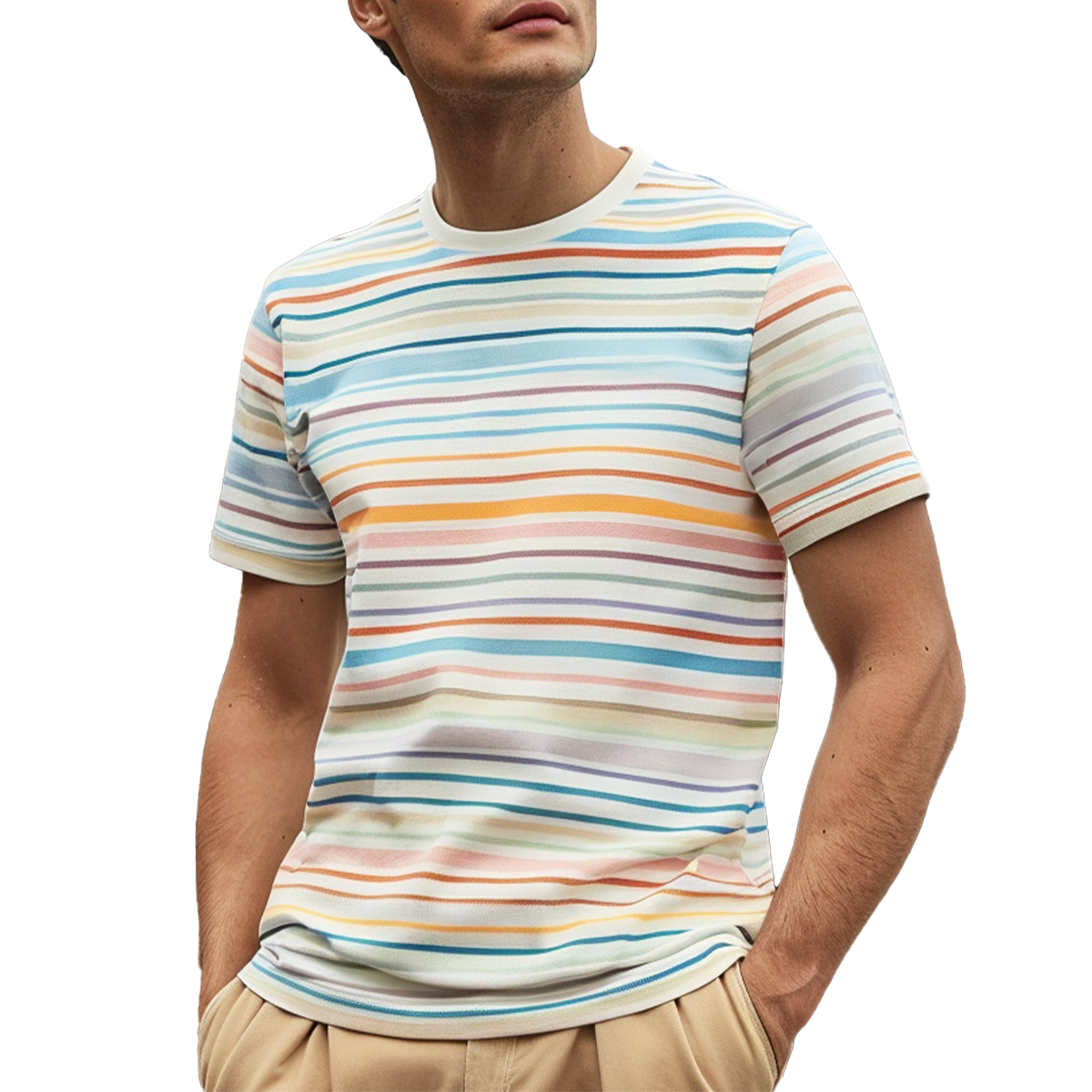 Men's Casual T-shirt Summer Stripes Print Short Sleeve T-Shirt