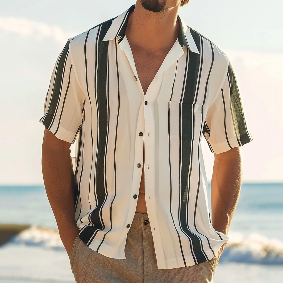 Men's Cotton-Linen Shirt Retro Dark Green Stripes Breathable Pocket Plus Size Shirts