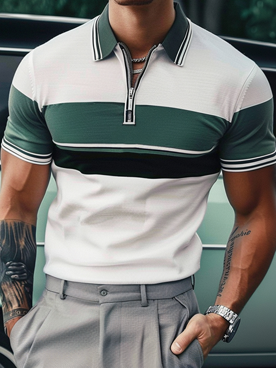 Men's Retro Green Stripes Pattern Polo Shirt