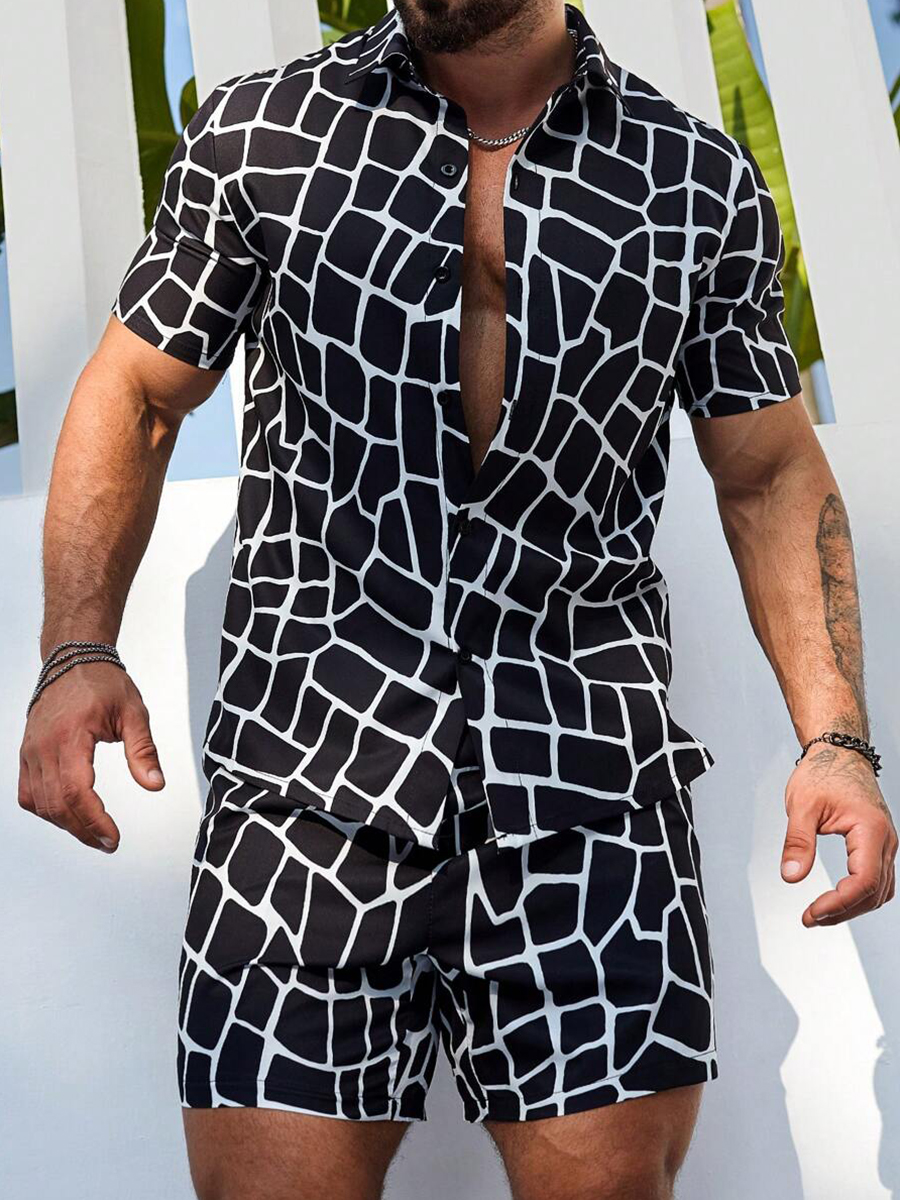 Men's Sets Geometry Button Down Two-Piece Shirt Shorts Set