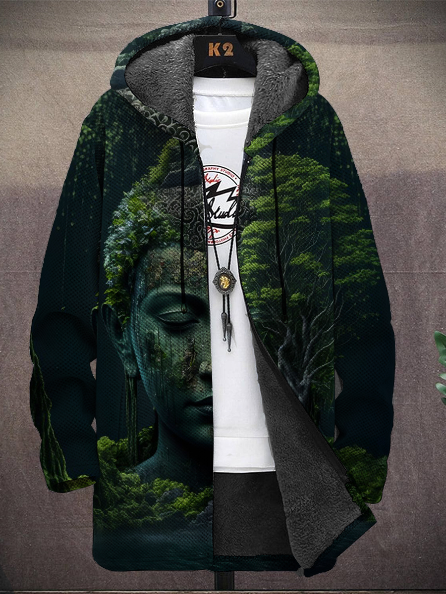 Men's Retro Joss Art Print Hooded Two-Pocket Fleece Cardigan Jacket
