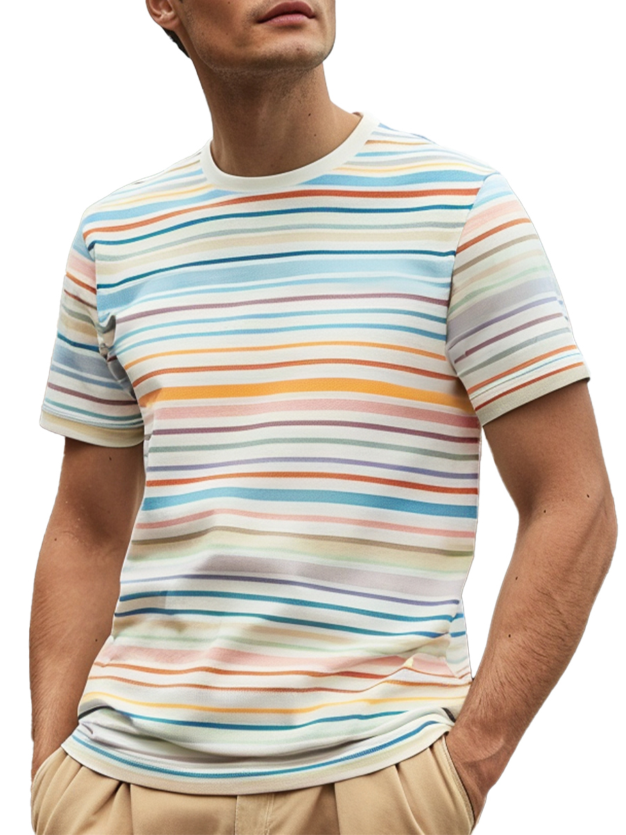 Men's Casual T-shirt Summer Stripes Print Short Sleeve T-Shirt