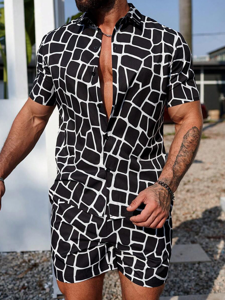 Men's Sets Geometry Button Down Two-Piece Shirt Shorts Set