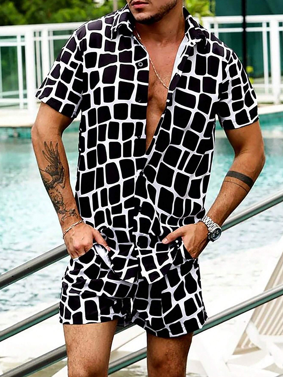 Men's Sets Geometry Button Down Two-Piece Shirt Shorts Set
