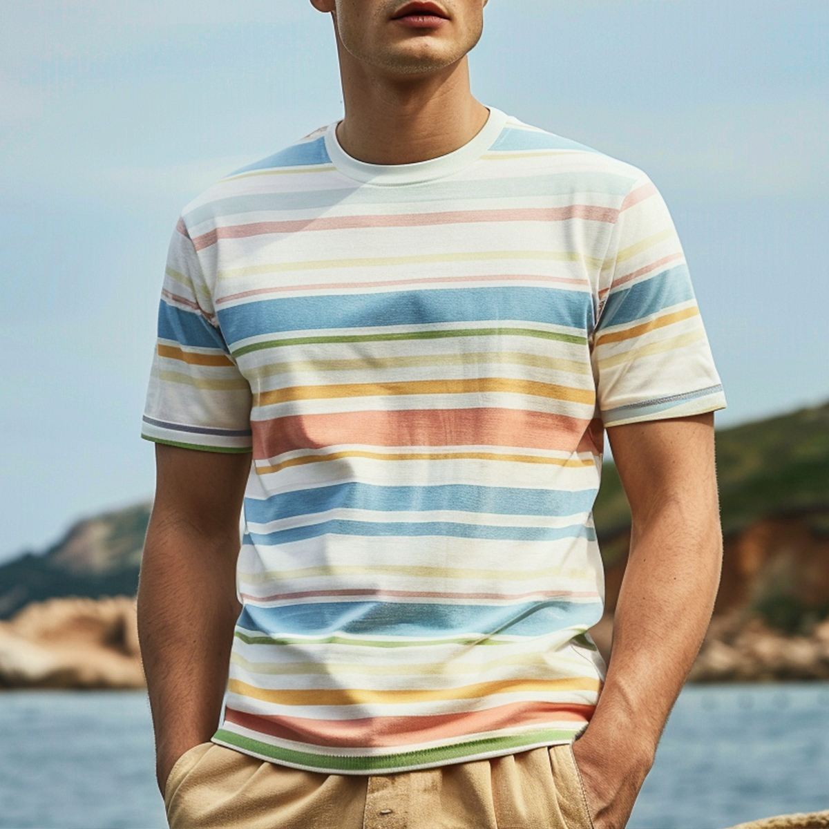 Men's Casual T-shirt Multicolor Stripes Print Short Sleeve T-Shirt