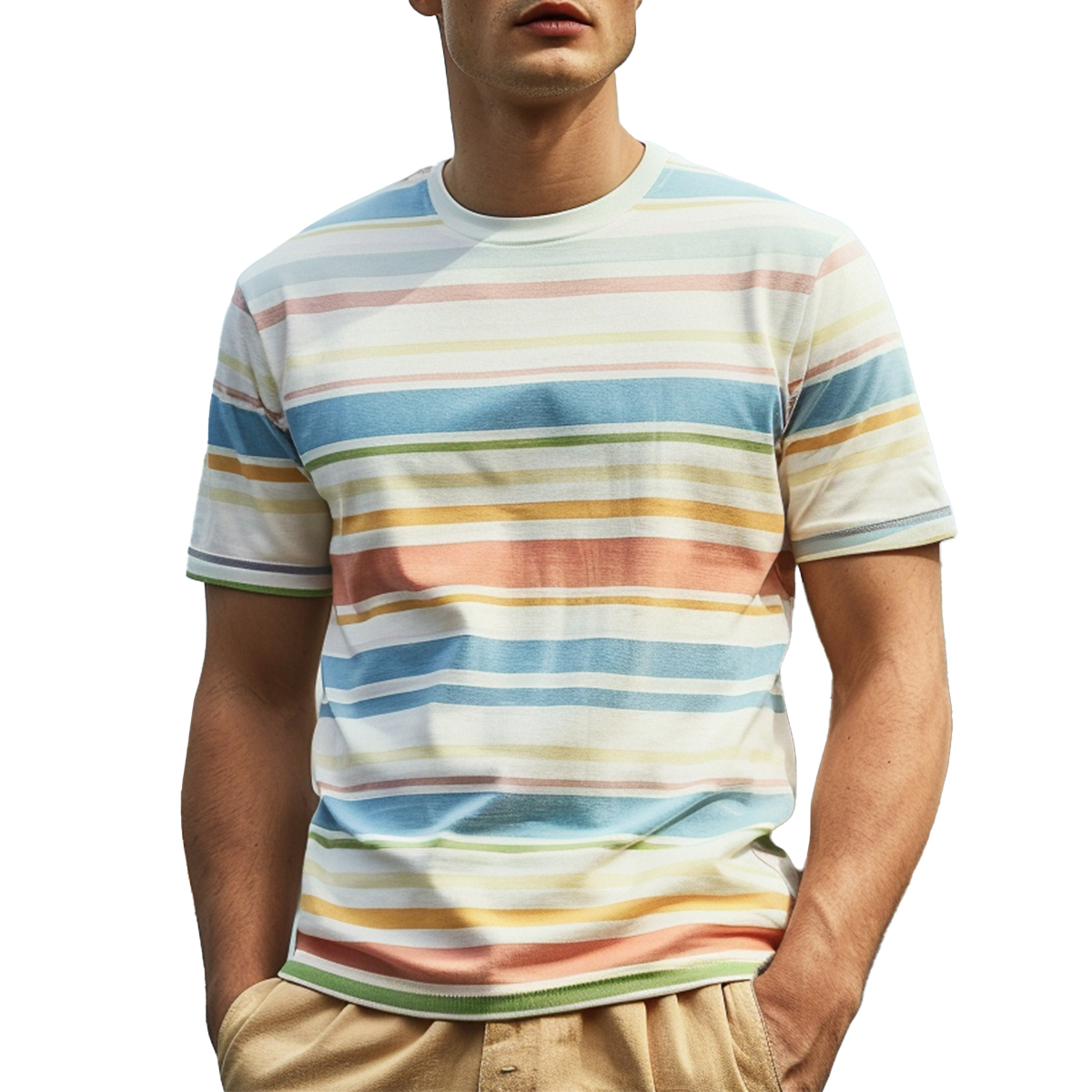 Men's Casual T-shirt Multicolor Stripes Print Short Sleeve T-Shirt