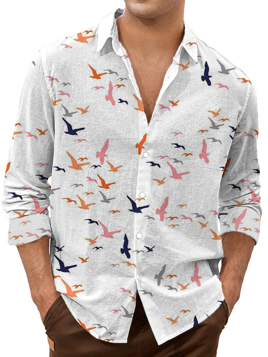 Retro Bird Print Long Sleeve Hawaiian Shirt