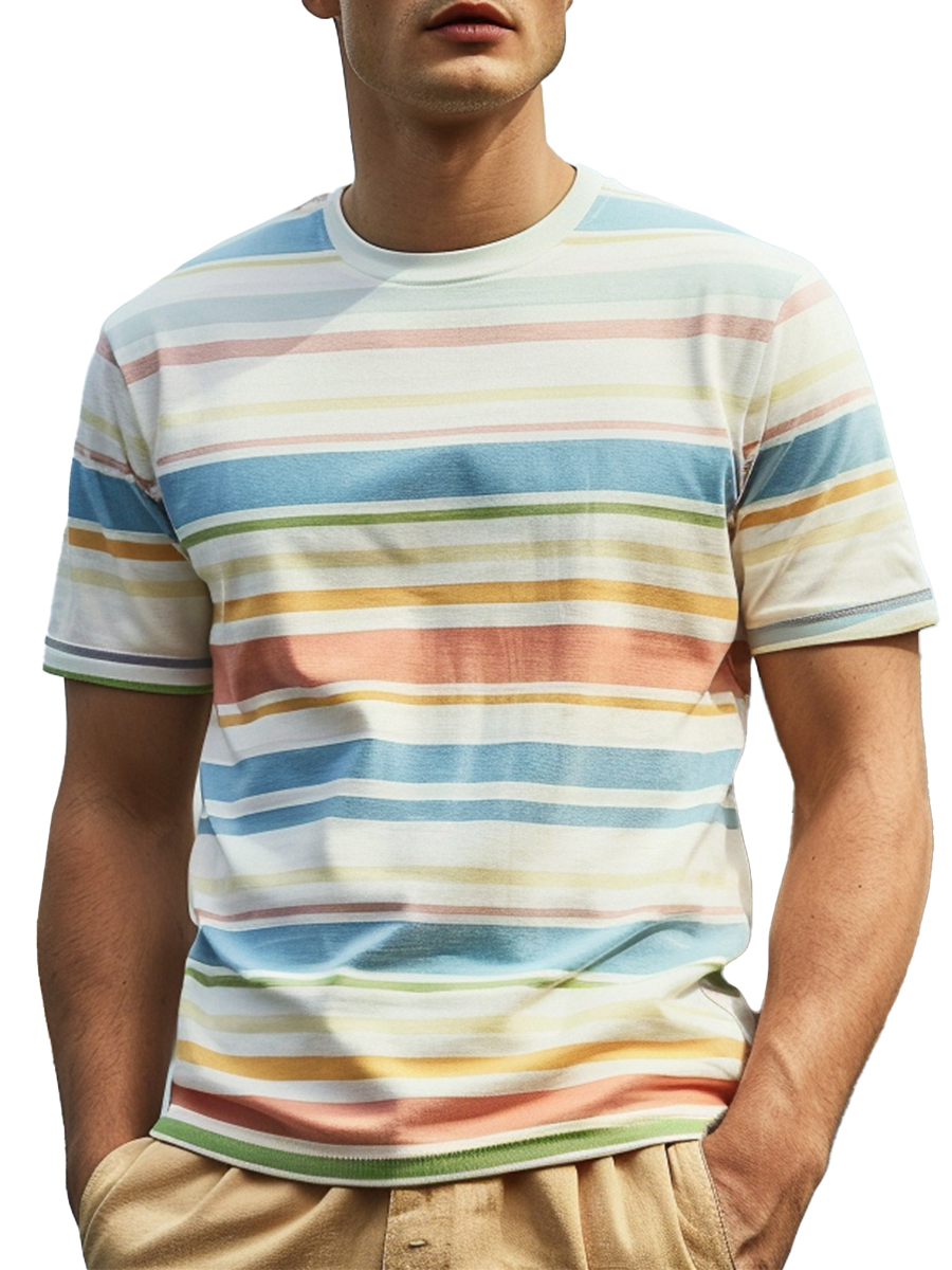 Men's Casual T-shirt Multicolor Stripes Print Short Sleeve T-Shirt