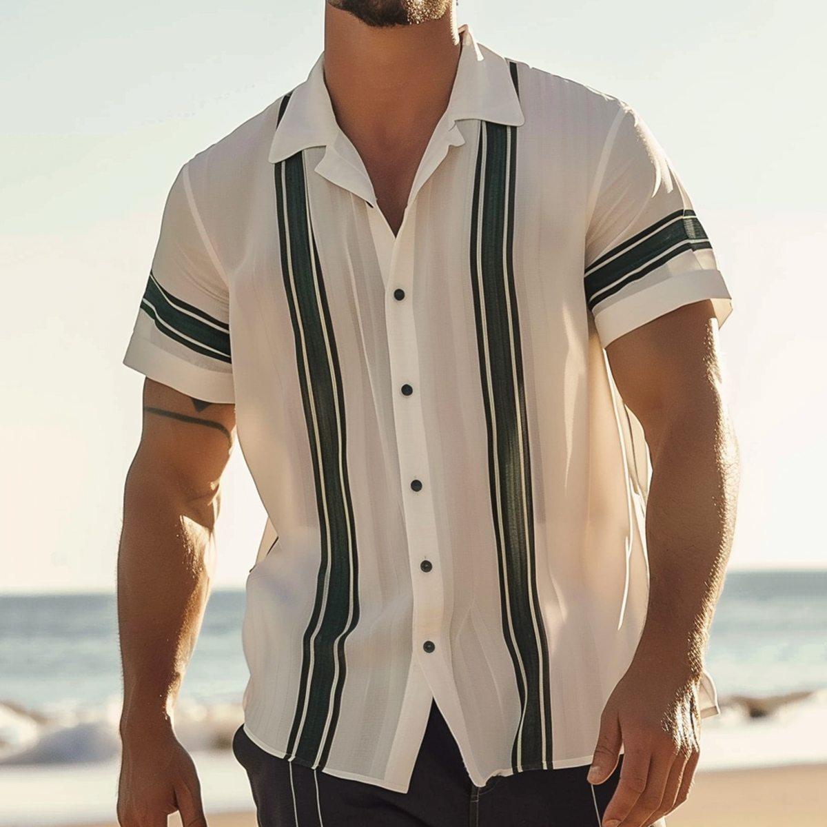 Men's Cotton-Linen Shirt Retro Dark Green Stripes Breathable Plus Size Shirts