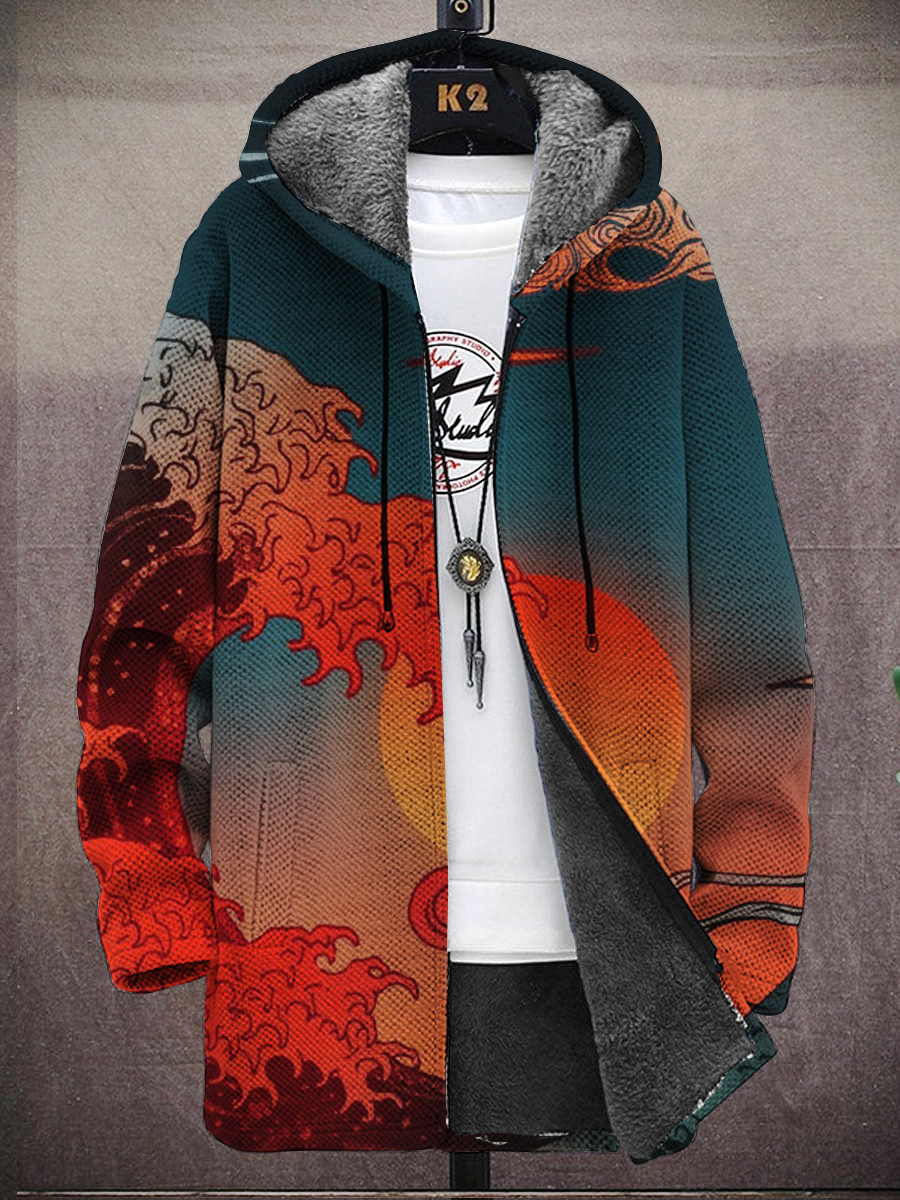 Men's Japanese Sunset Print Hooded Two-Pocket Fleece Cardigan Jacket