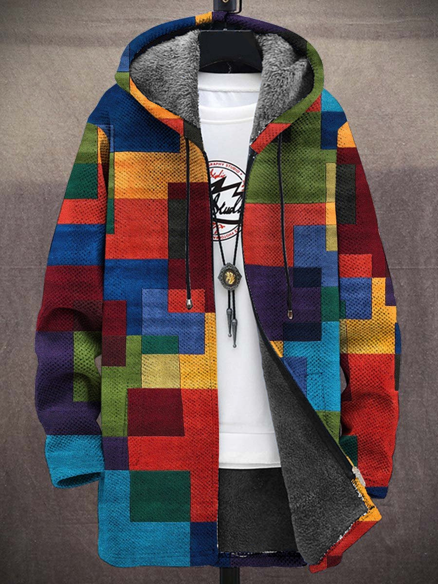 Men's Rainbow Square Patchwork Print Hooded Two-Pocket Fleece Cardigan