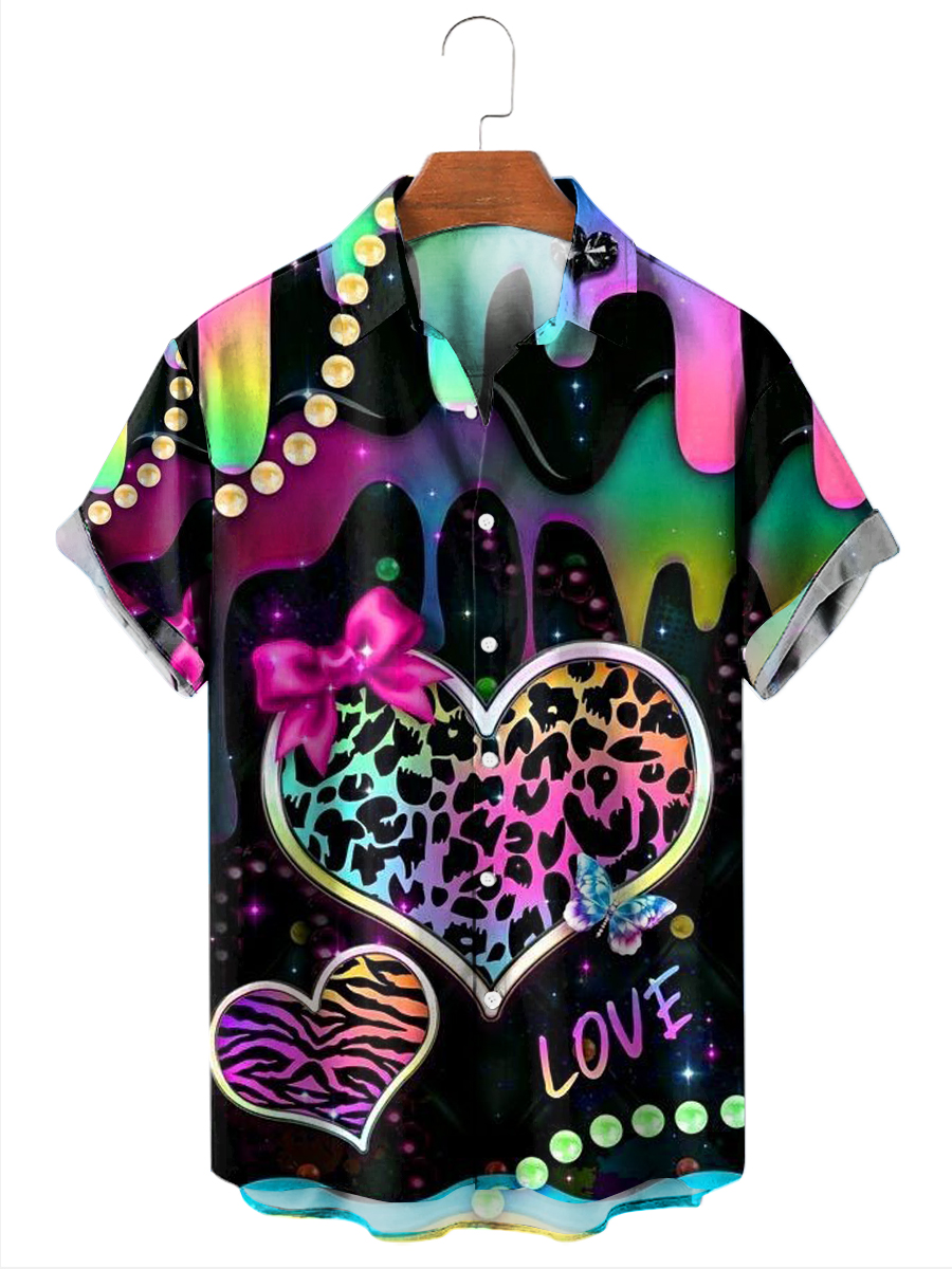 Men's Hawaiian Shirts Leopard Print Heart Print Happy Valentine Day Shirts
