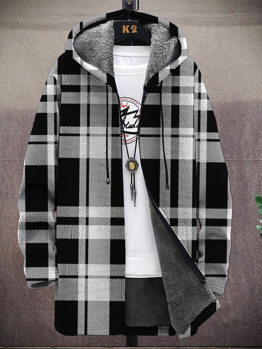 Men's Black  Plaid Print Hooded Two-Pocket Fleece Cardigan Jacket