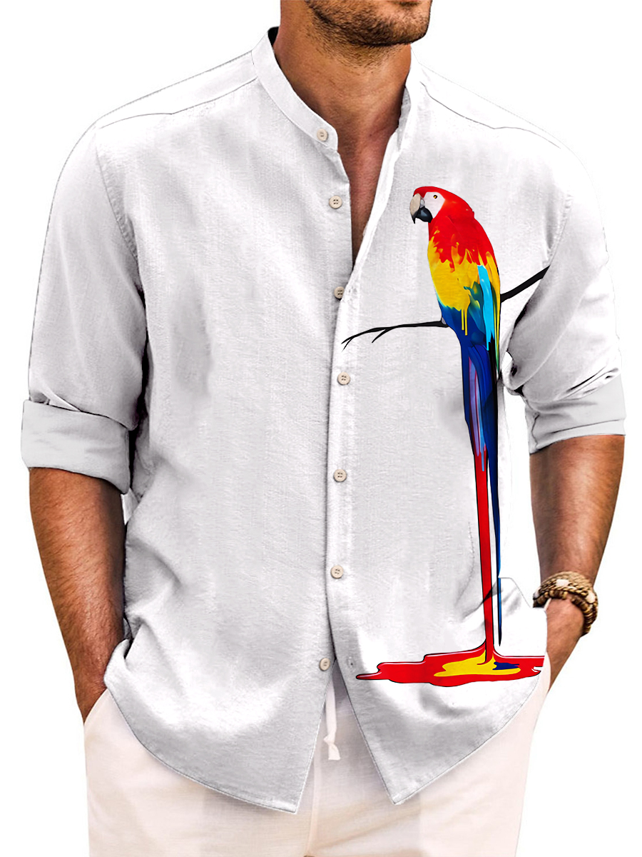 Tropical Garden Parrot Print Easy Care Aloha Long Sleeve Shirts