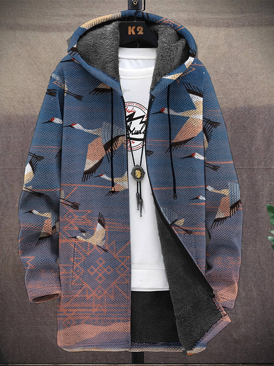 Men's Japanese Style Crane Pattern Hooded Two-Pocket Fleece Cardigan Jacket