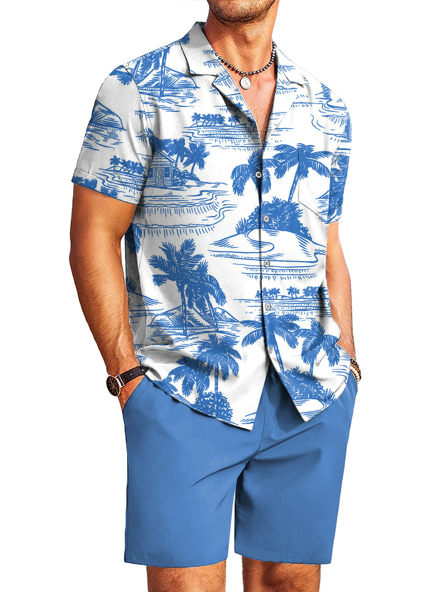 Men's Sets Hawaiian Coconut Tree Print Button Pocket Two-Piece Shirt Shorts Set