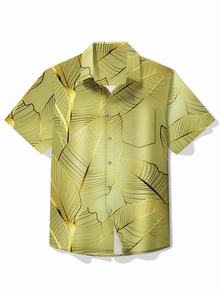 Hawaiian Botanical Gold Leaf Print Men's Button Pocket Shirt