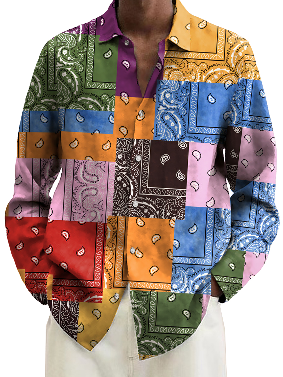 Vintage Colorful Paisley Print Long Sleeve Hawaiian Shirt