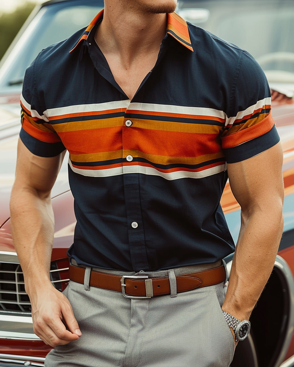 Men's Hawaiian Shirt Retro Stripes Pattern Button Down Shirt