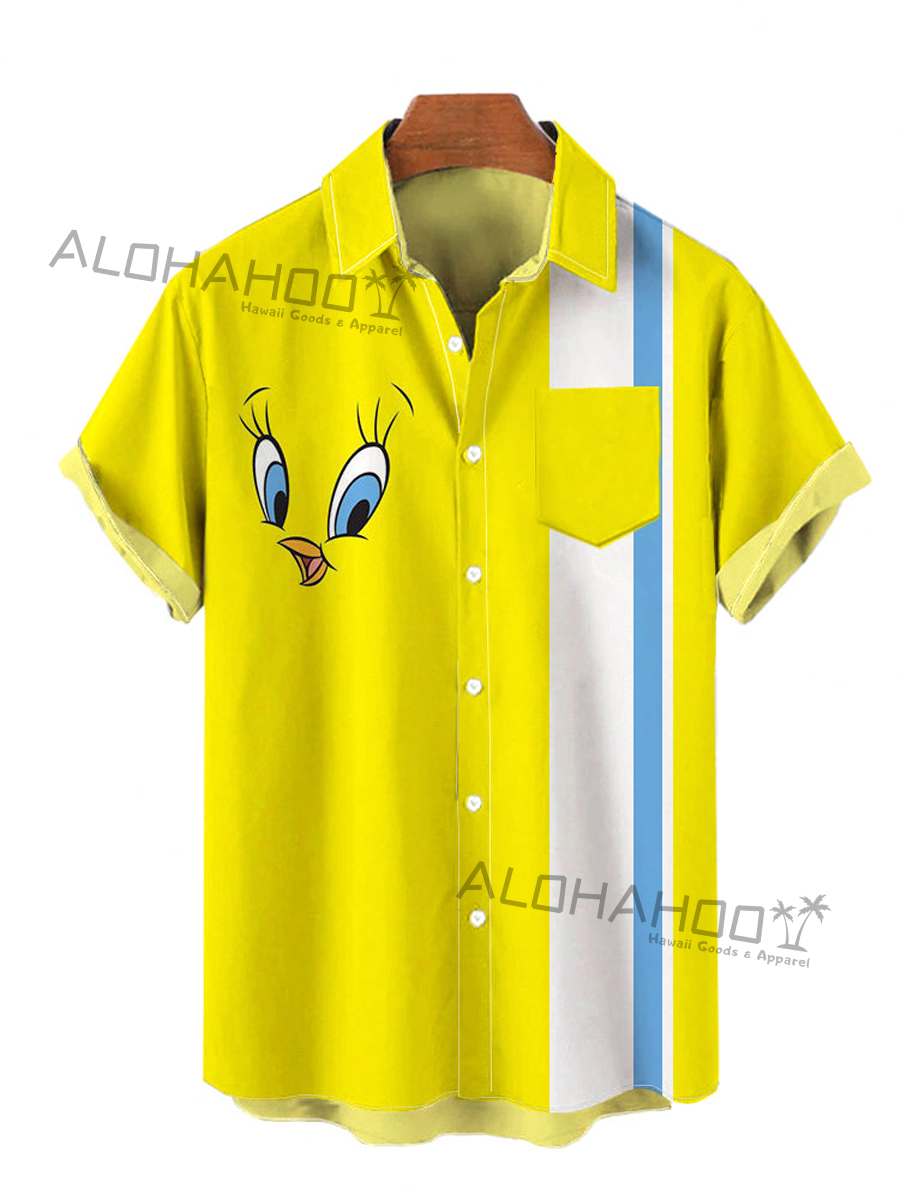 Retro Yellow And White Stripes And Cute Duck Image Print Breast Pocket Short Sleeve Shirt