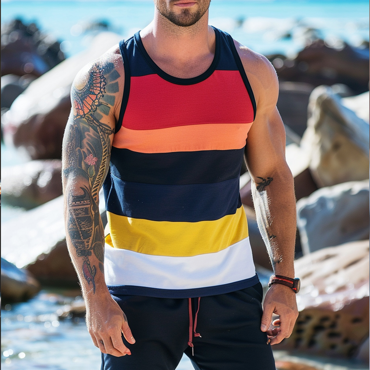 Men's Sleeveless Muscle Tank Top Multicolor Stripes Tank Top