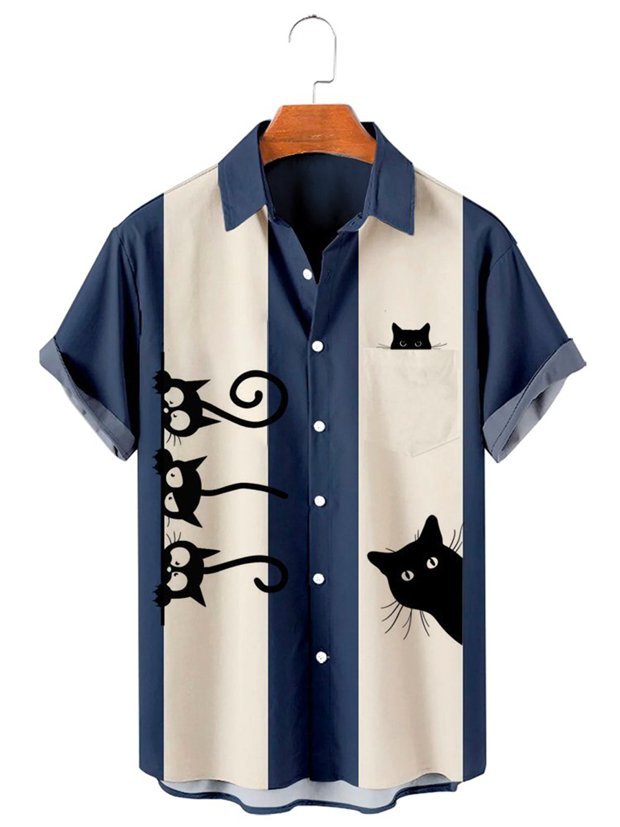 Men's Vintage Bowling Cat Hawaiian Vacation Short Sleeve Shirt