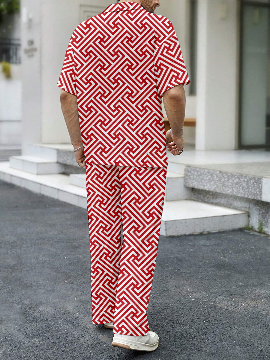 Men's Sets Geometry Print Button Down Wrinkle Free Seersucker Two-Piece Shirt Shorts