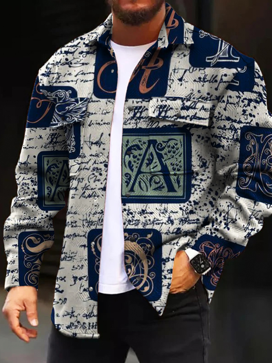 Men's Casual Jacket Fashion Art Letter Pattern Printed Long Sleeve Pocket Jacket
