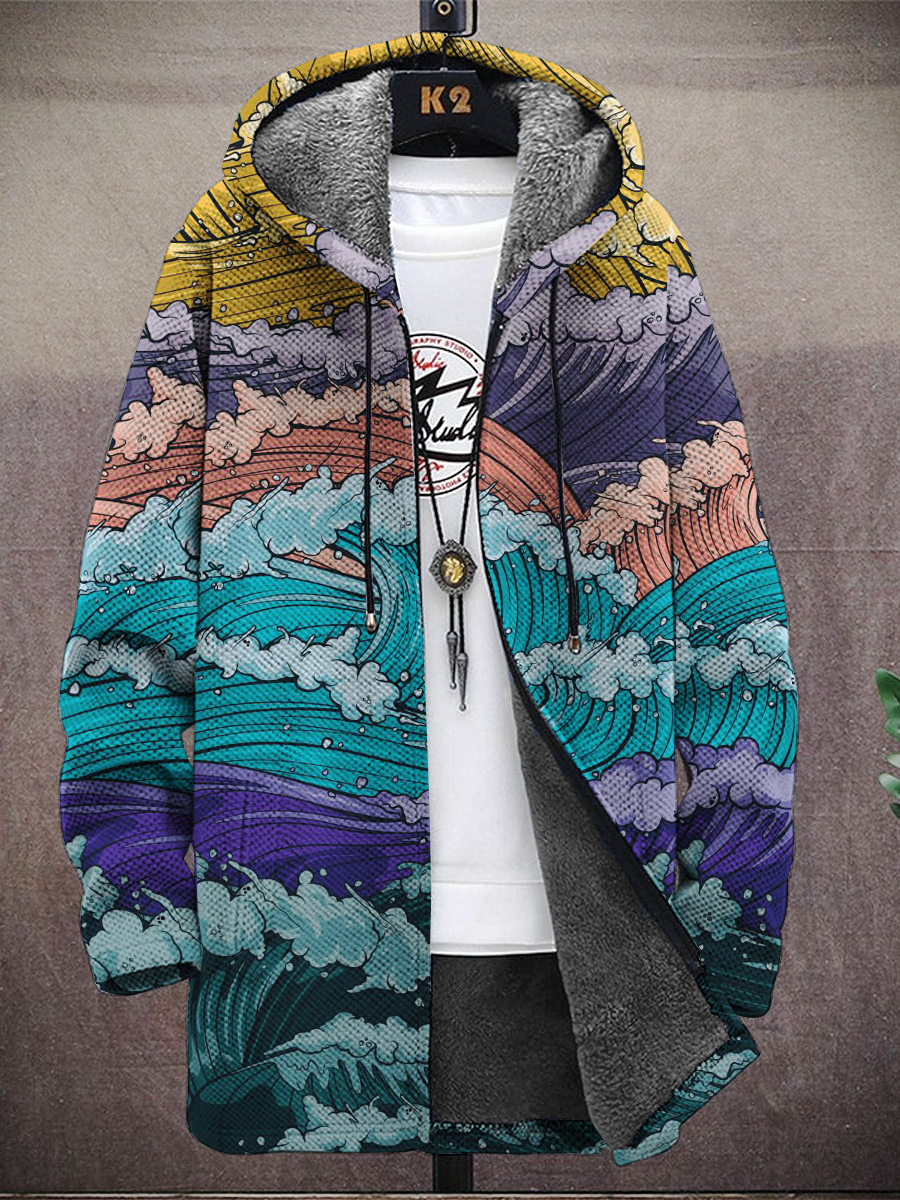 Men's Multi-color Wave Print Hooded Two-Pocket Fleece Cardigan Jacket
