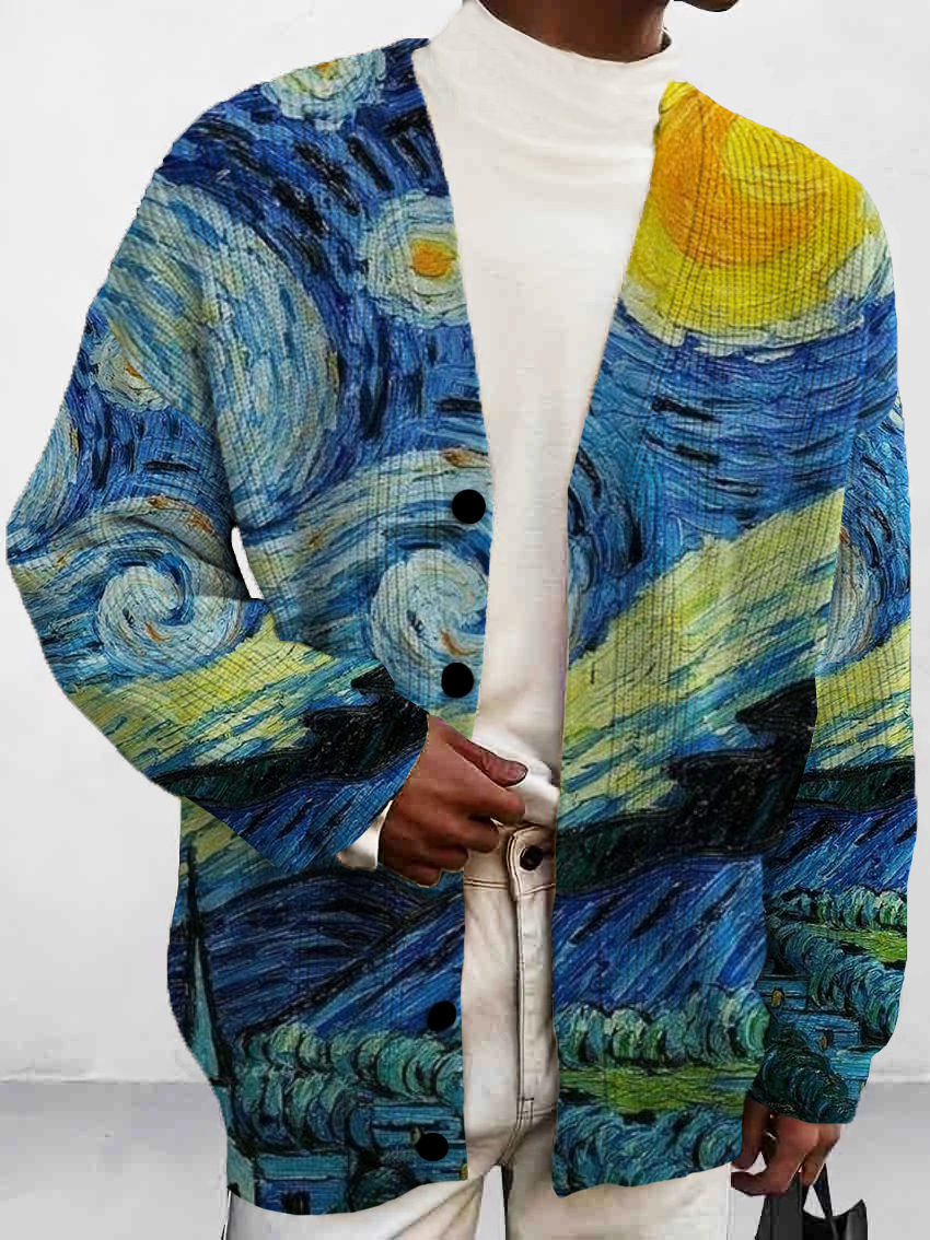 Men's Stylish Van Gogh Starry Sky Print Buttoned Cardigan Sweater