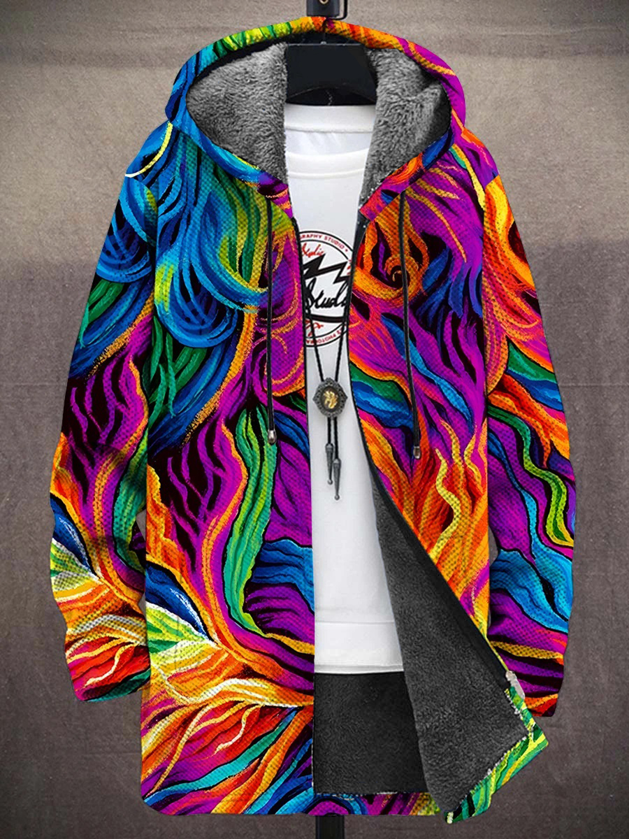 Men's Rainbow Art Stripes Print Hooded Two-Pocket Fleece Cardigan