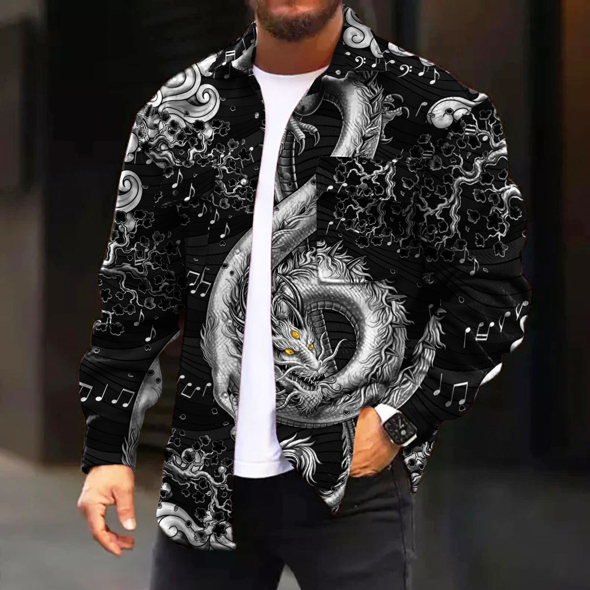 Men's Casual Jacket Art Musical Note Dragon Print Long Sleeve Pockets Jacket