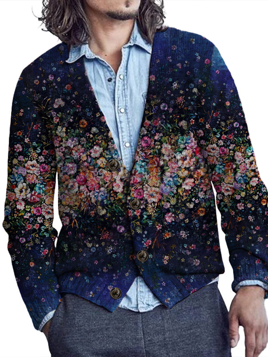 Men's Art Floral Buttoned Cardigan