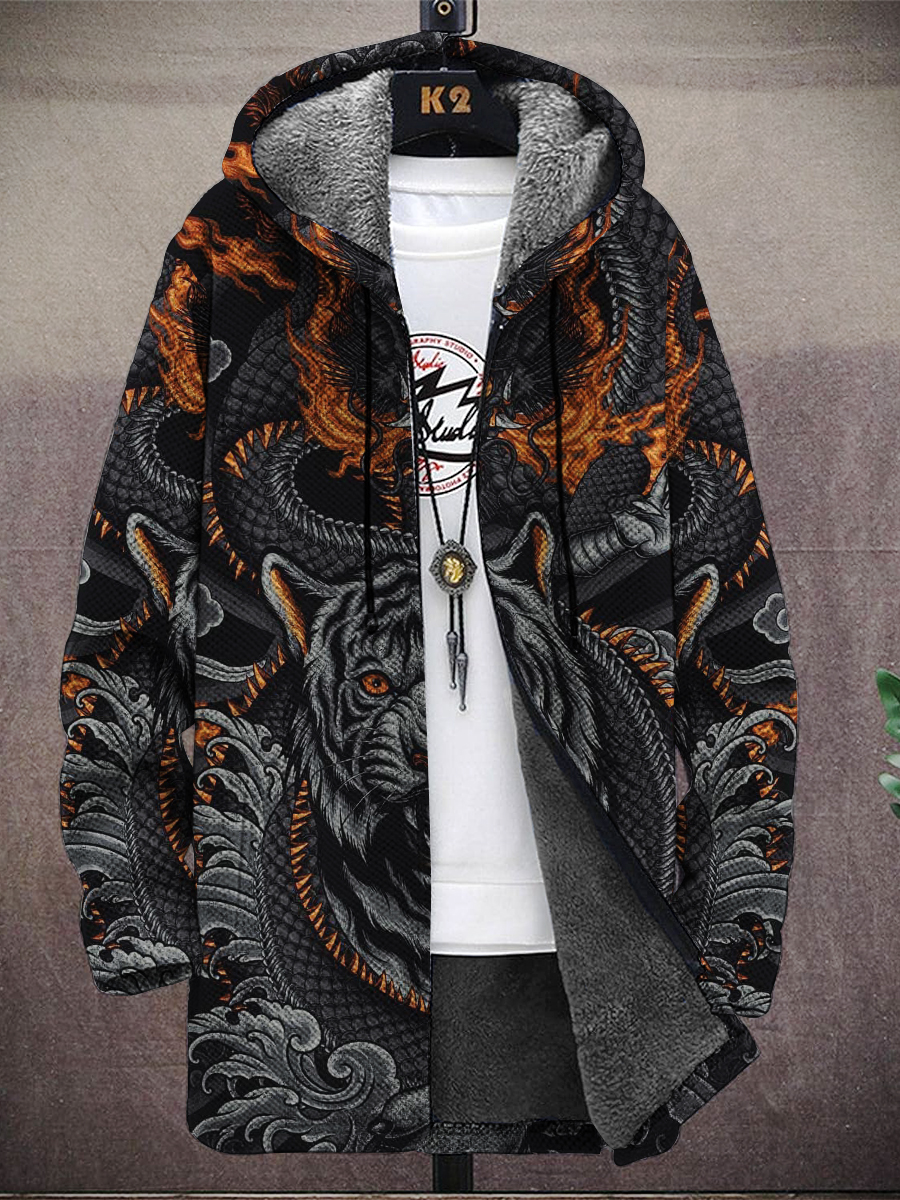 Men's Retro Tiger And Dragon Print Hooded Two-Pocket Fleece Cardigan Jacket
