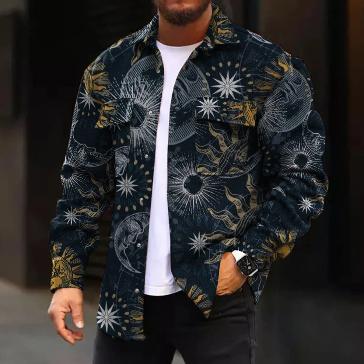 Men's Casual Jacket Fashion Art Printed Long Sleeve Pocket Jacket