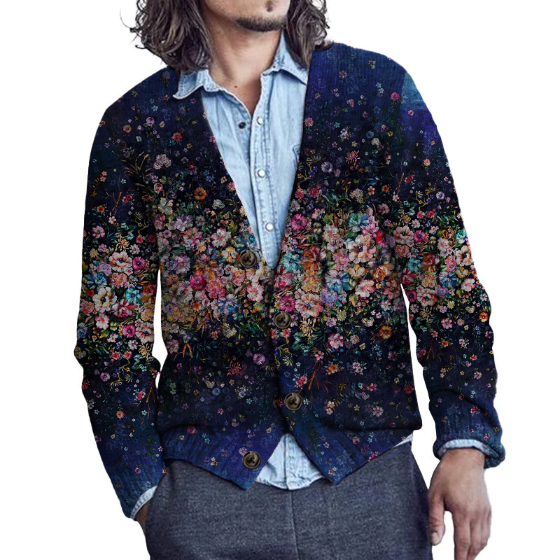 Men's Art Floral Buttoned Cardigan