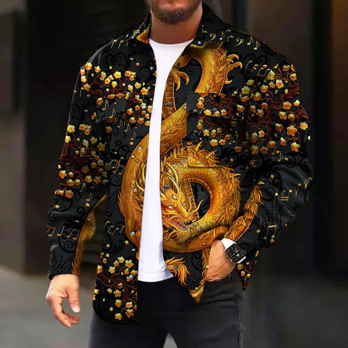 Men's Casual Jacket Art Musical Note Dragon Print Long Sleeve Pockets Jacket
