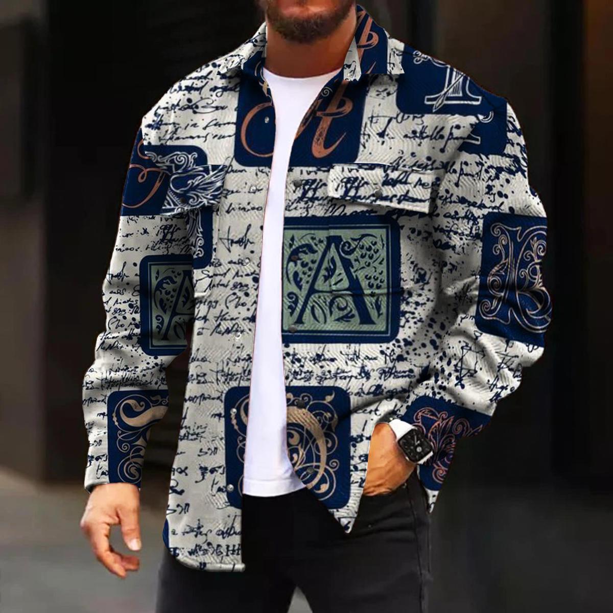 Men's Casual Jacket Fashion Art Letter Pattern Printed Long Sleeve Pocket Jacket