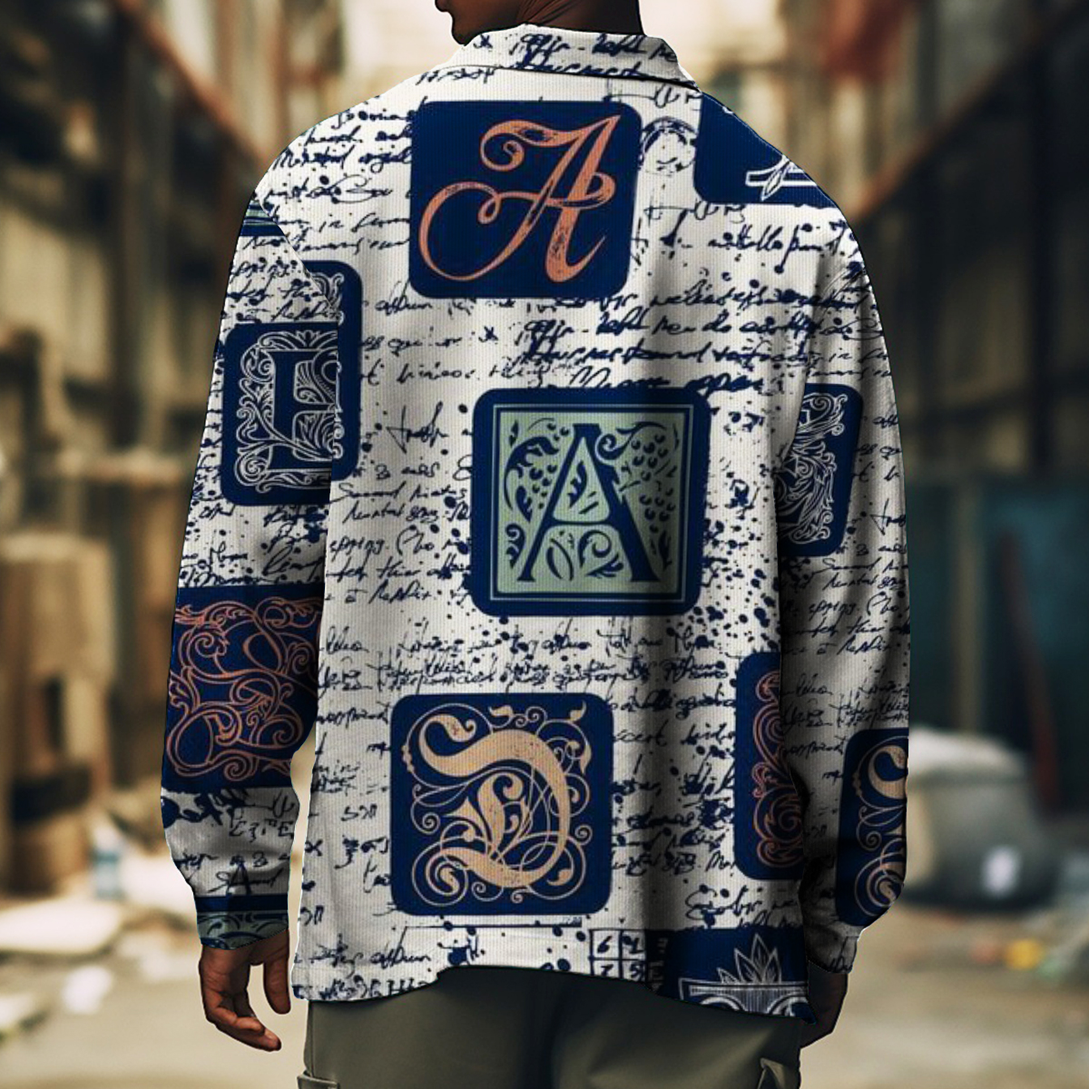 Men's Casual Jacket Fashion Art Letter Pattern Printed Long Sleeve Pocket Jacket