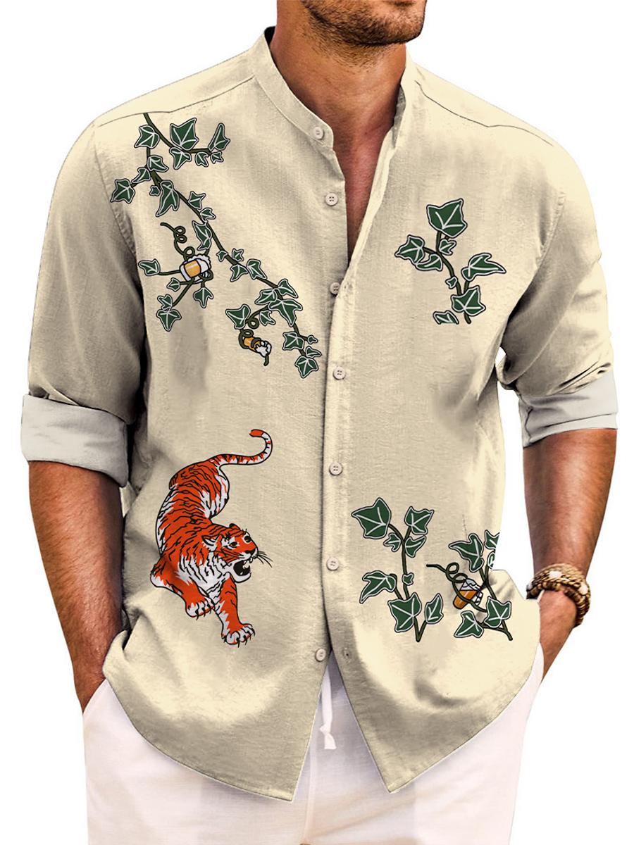 Stylish Simple Tiger Print Easy Care Aloha Long Sleeve Shirts