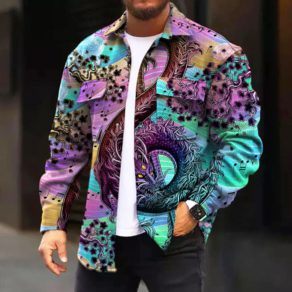 Men's Casual Jacket Art Musical Note Dragon Print Long Sleeve Pockets Jacket
