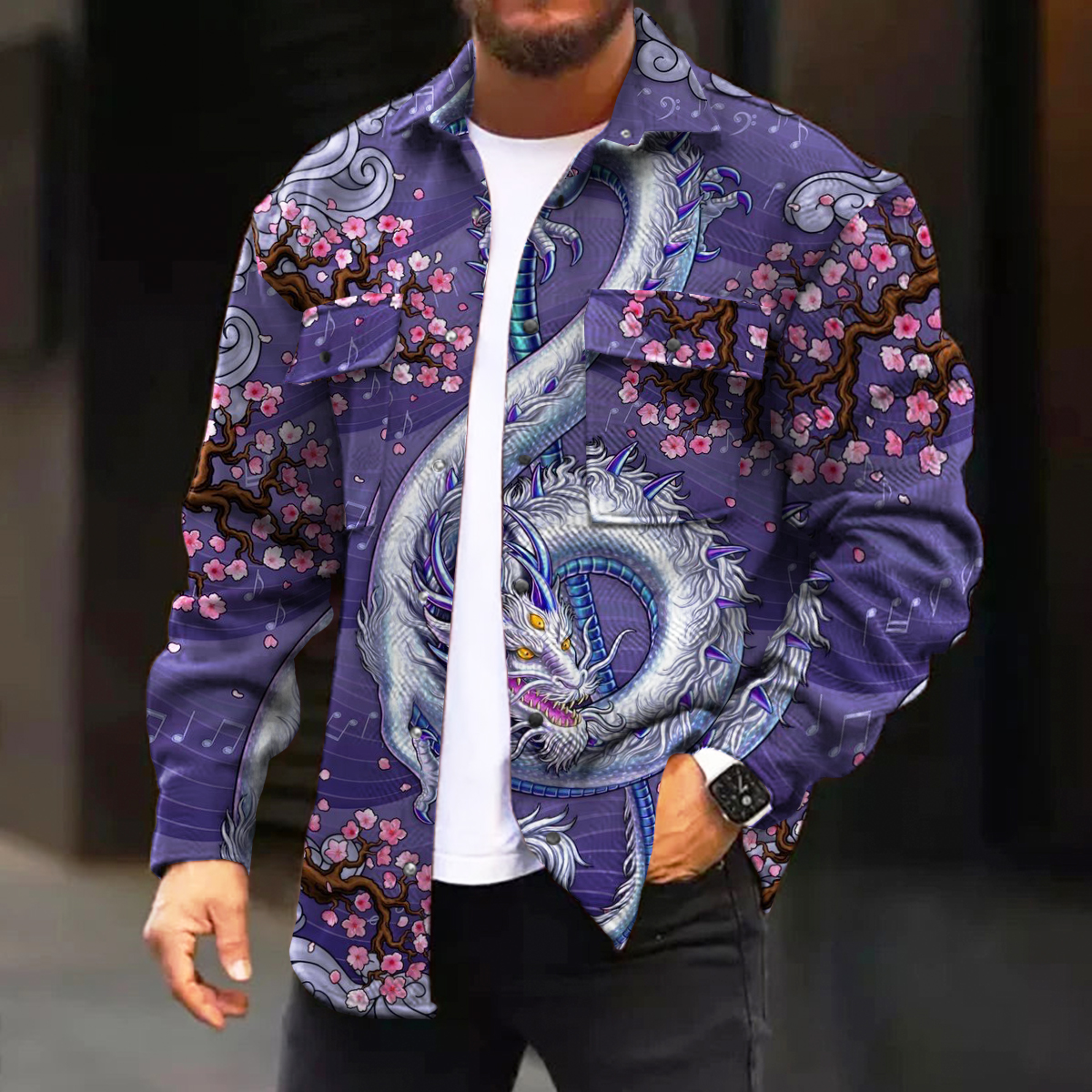 Men's Casual Jacket Art Musical Note Dragon Print Long Sleeve Pockets Jacket