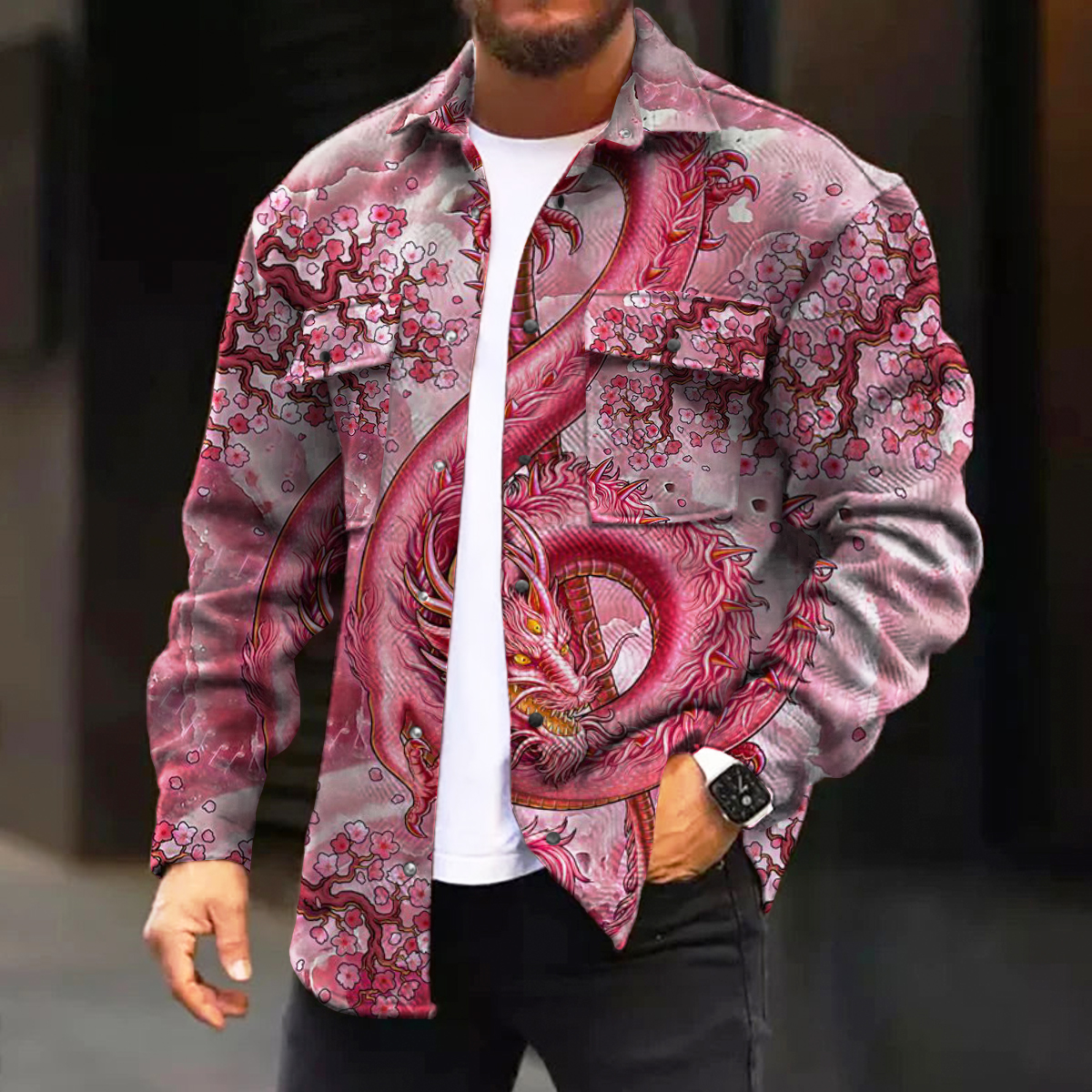 Men's Casual Jacket Art Musical Note Dragon Print Long Sleeve Pockets Jacket
