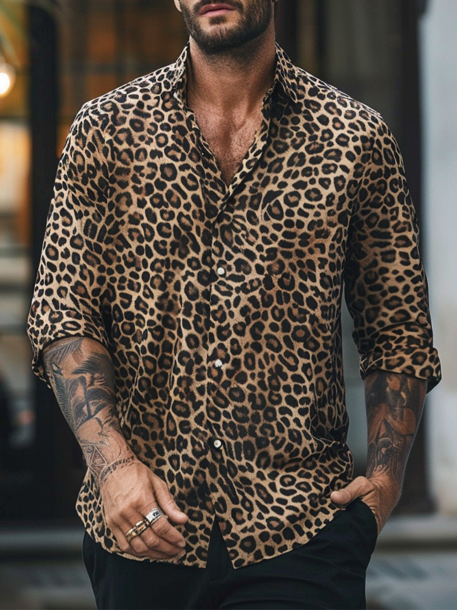 Men's Retro Leopard Plus Size Long Sleeve Shirts